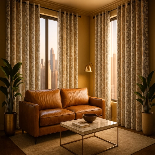 patterned cream and gold blackout curtains.